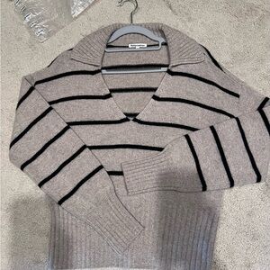 Reformation Beige and Black Striped V-Neck Sweater